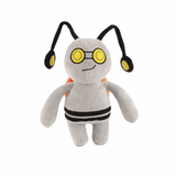 Peluche Morduror grise en tissu doux, avec lunettes rondes jaunes, antennes noires et ceinture rayée noire et blanche.