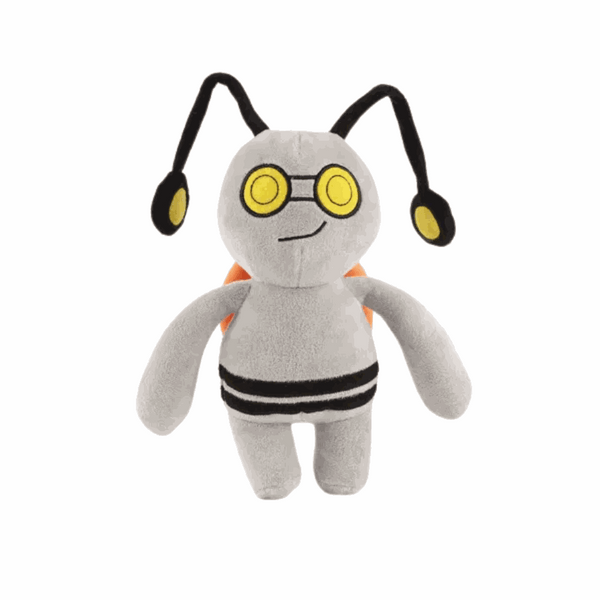 Peluche Morduror grise en tissu doux, avec lunettes rondes jaunes, antennes noires et ceinture rayée noire et blanche.