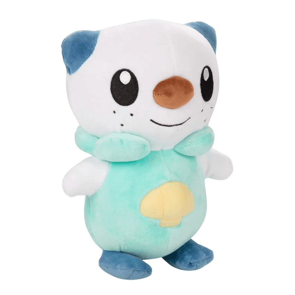 Peluche Moustillon blanc et turquoise, en tissu doux, avec coquillage jaune sur le ventre et oreilles bleues