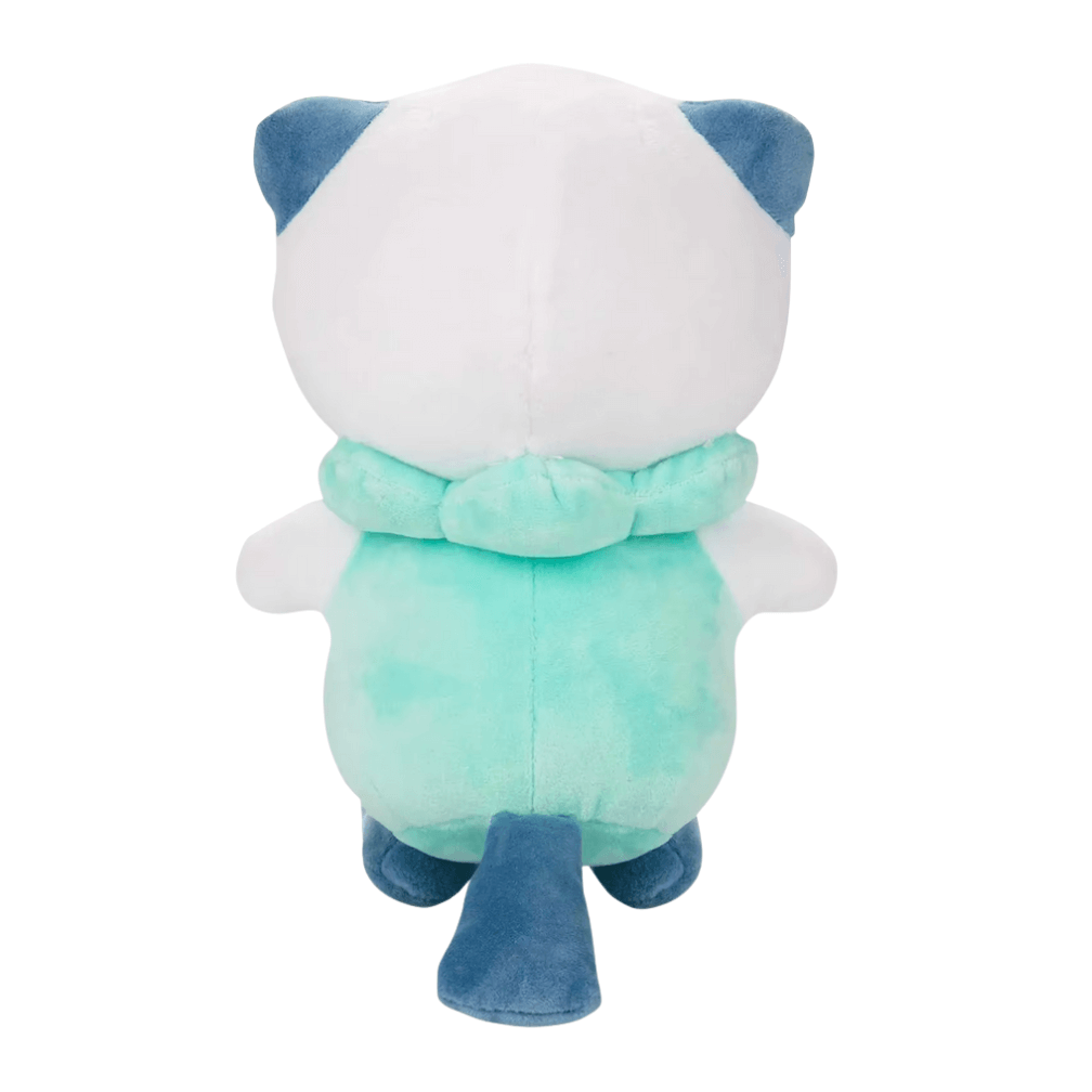 Peluche Moustillon vue de dos, en tissu doux blanc, turquoise et bleu foncé, avec oreilles et queue assorties.