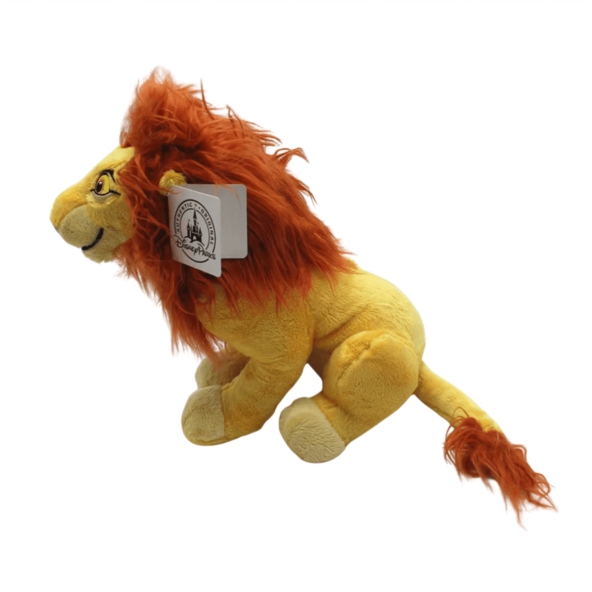 peluche Mufasa jaune et fauve en peluche douce, avec une crinière rousse épaisse et une longue queue touffue