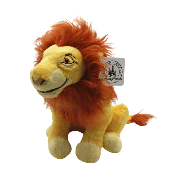 Mufasa plush toy peluche Mufasa in golden-yellow fabric with a reddish-brown mane, tail tuft and embroidered face.
