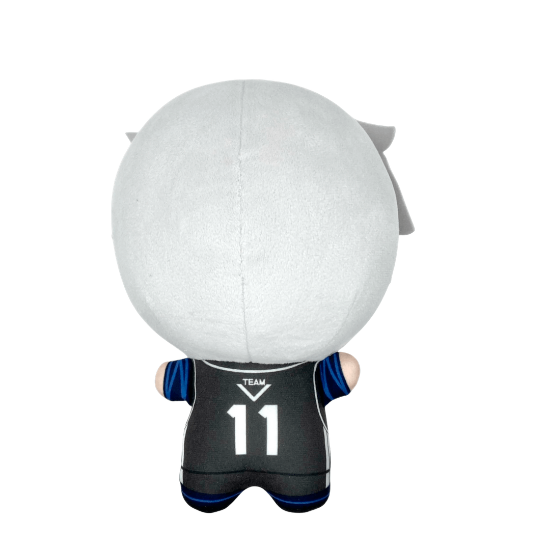 peluche Nagi Seishiro en tissu gris clair et uniforme noir à manches bleues, avec le numéro 11 au dos