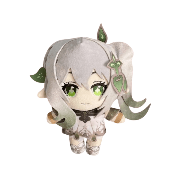 peluche Nahida aux cheveux gris clair, yeux verts et tenue blanche ornée de motifs végétaux, avec accessoires feuillus