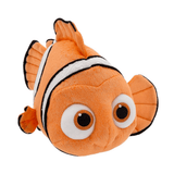 Peluche Nemo orange en tissu doux, avec rayures blanches bordées de noir, nageoires rayées et grands yeux ronds