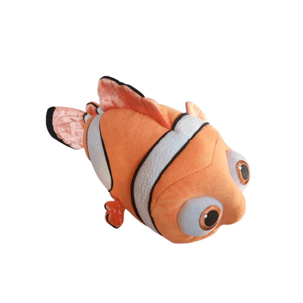 Peluche Nemo orange en tissu doux, avec bandes blanches bordées de noir, nageoires détaillées et grands yeux