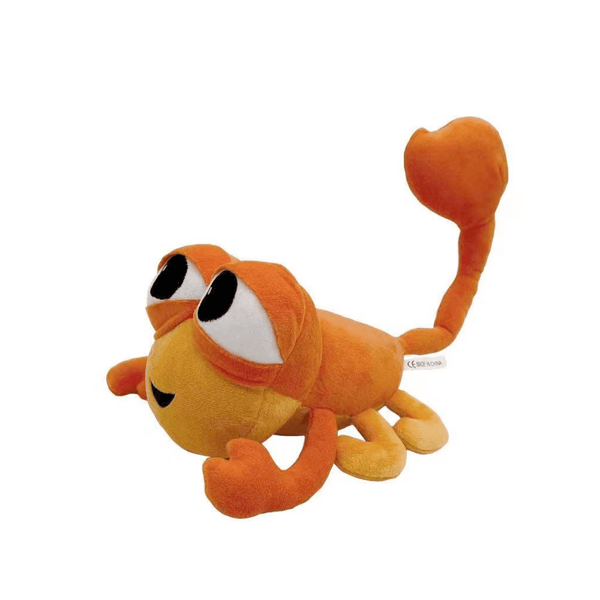 peluche Nigel scorpion orange et jaune en tissu doux, avec grands yeux blancs, pinces arrondies et queue relevée