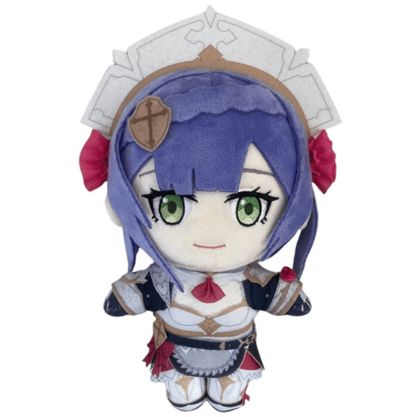 peluche Noelle aux cheveux violets et aux yeux verts, vêtue d’une armure blanche et bleue avec coiffe grise