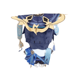 peluche Nomade en tissu bleu marine et bleu clair, ornée d’un large chapeau décoré de motifs dorés