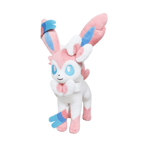 peluche Nymphali rose, blanche et bleue en tissu doux, avec de longues oreilles et des rubans caractéristiques