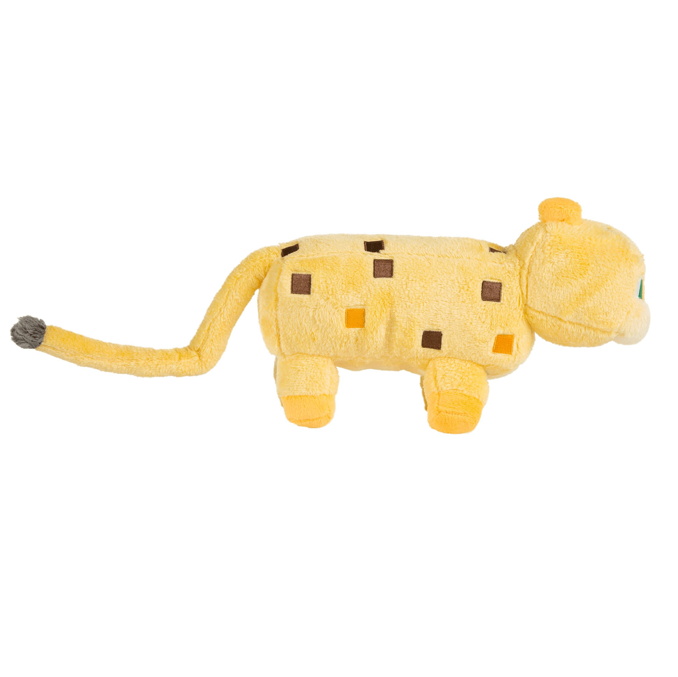 peluche Ocelot jaune en tissu doux, au corps allongé à motifs carrés bruns et orangés et à la queue fine