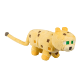 peluche Ocelot jaune en tissu doux, au corps cubique tacheté de brun et aux yeux verts, inspirée de Minecraft