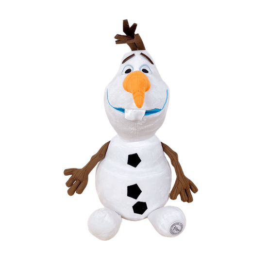 Peluche Olaf blanche en tissu doux, avec nez orange, boutons noirs, bras et cheveux en branches brunes