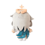 peluche Paimon aux cheveux blancs, vêtue d’une cape bleu turquoise à motifs étoilés et d’un col pêche