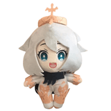 peluche Paimon aux cheveux blancs, grands yeux turquoise et tenue beige et blanche ornée d’un col noir