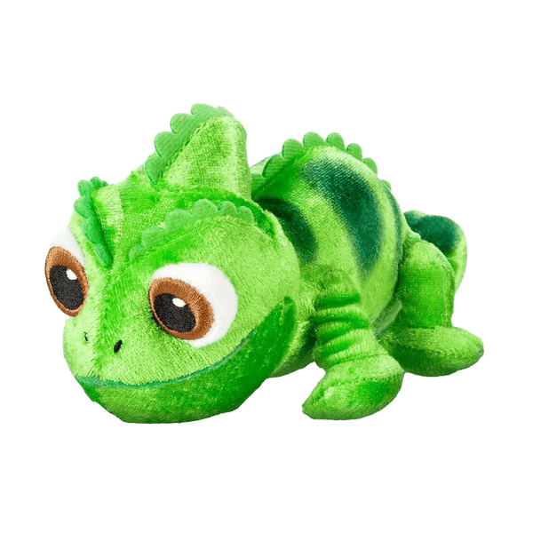 Peluche Pascal verte en tissu doux, aux grands yeux bruns, avec une crête et des pattes de caméléon.