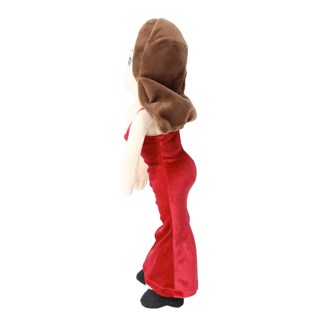 peluche Pauline en velours rouge, avec de longs cheveux bruns, une tenue élégante et des chaussures noires