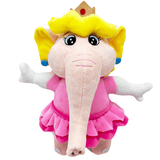 Peluche Peach éléphant rose et jaune, avec une couronne dorée, une trompe beige et une robe à volants.
