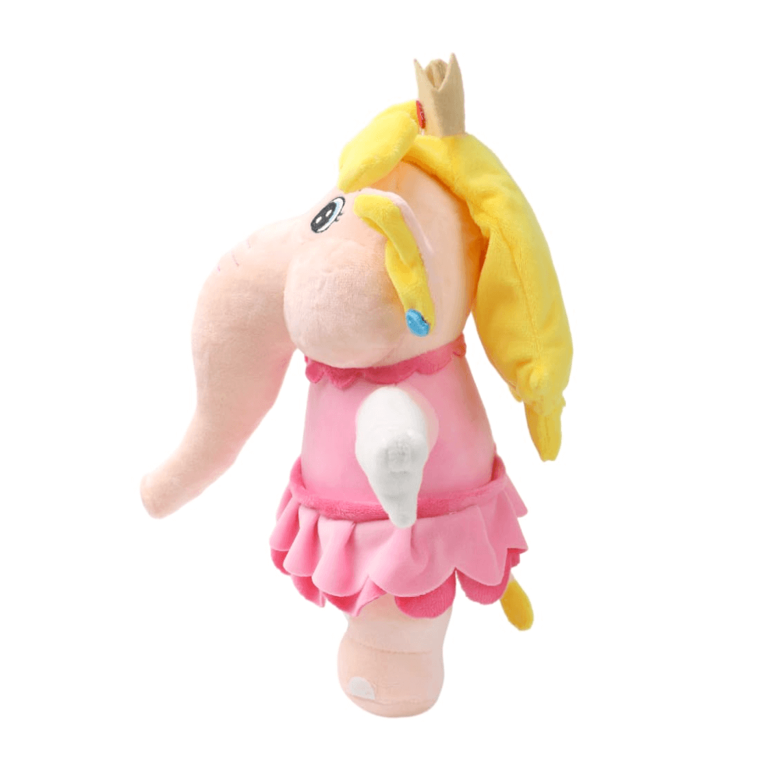 Peluche Peach en tissu doux rose et jaune, avec couronne dorée, robe à volants et long museau d’éléphant