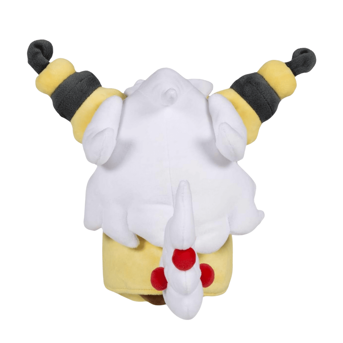 Peluche Pikachu en cosplay Pharamp, en tissu doux blanc et jaune avec des cornes rayées noires et jaunes.