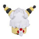 Peluche Pikachu en cosplay Pharamp, en tissu doux blanc et jaune avec des cornes rayées noires et jaunes.