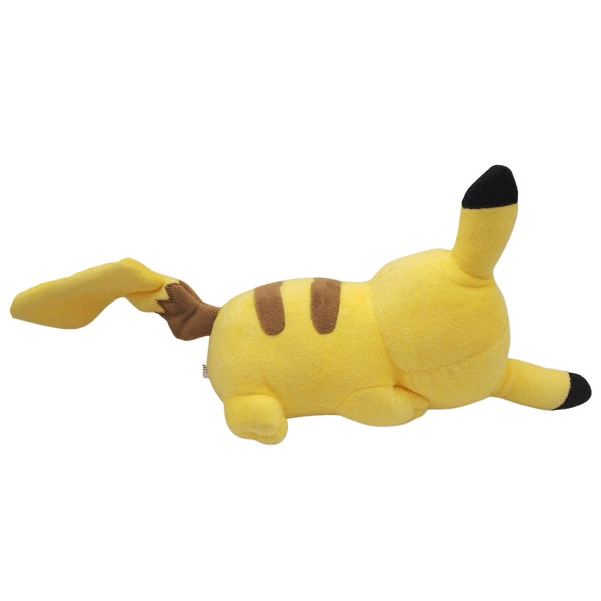 peluche Pikachu jaune en tissu doux, vue de dos avec trois rayures brunes et des extrémités noires