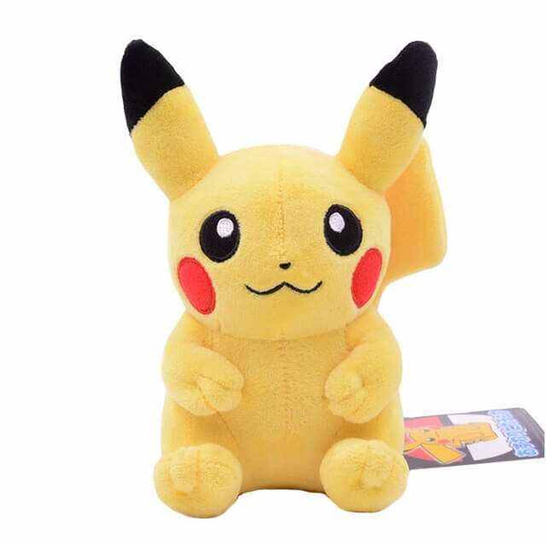 peluche Pikachu jaune en tissu doux, avec oreilles à bouts noirs, joues rouges et visage brodé