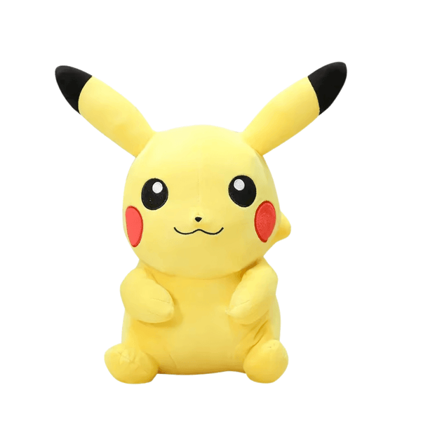 peluche Pikachu jaune en tissu doux, avec oreilles à pointes noires, joues rouges et grands yeux brodés