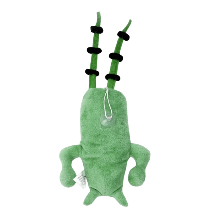 Peluche Plankton verte en tissu doux, avec deux antennes noires et des bras et pieds arrondis.