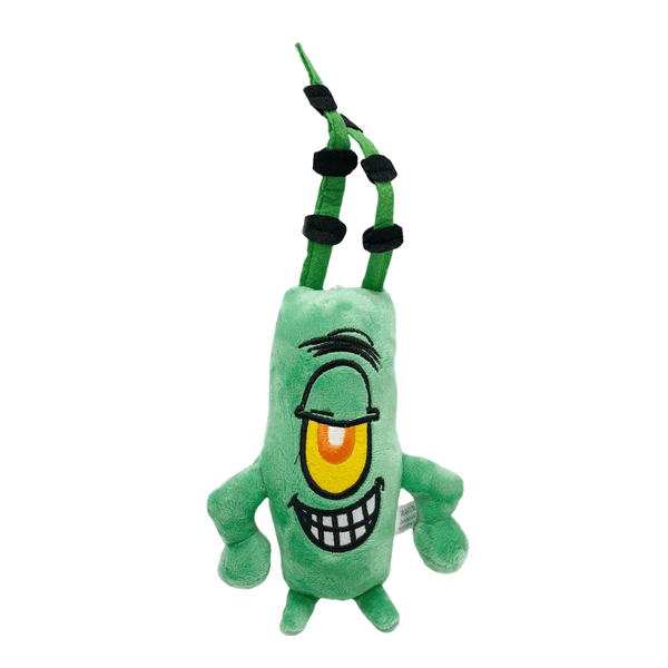 Peluche Plankton verte en tissu doux, avec un œil jaune, un large sourire brodé et de longues antennes