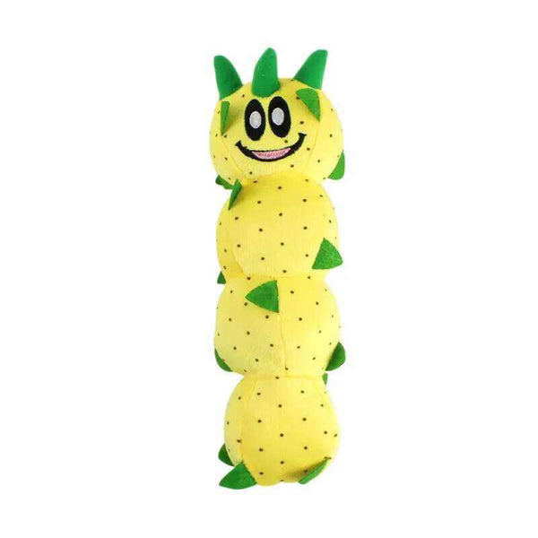 Peluche Pokey jaune en segments arrondis, avec des épines et des détails verts, un visage souriant et des yeux noirs.