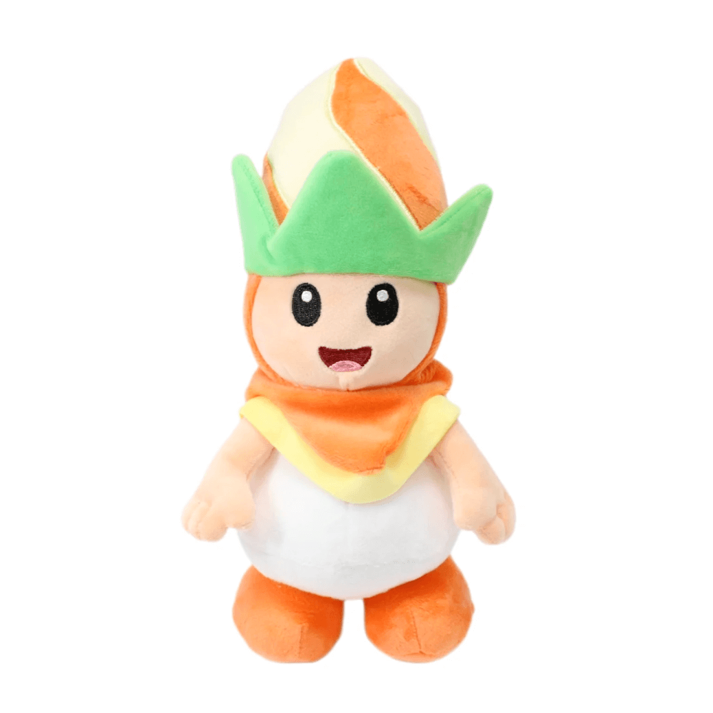 peluche Poplin aux tons orange, vert, crème et blanc, avec un grand chapeau feuillu et une écharpe jaune