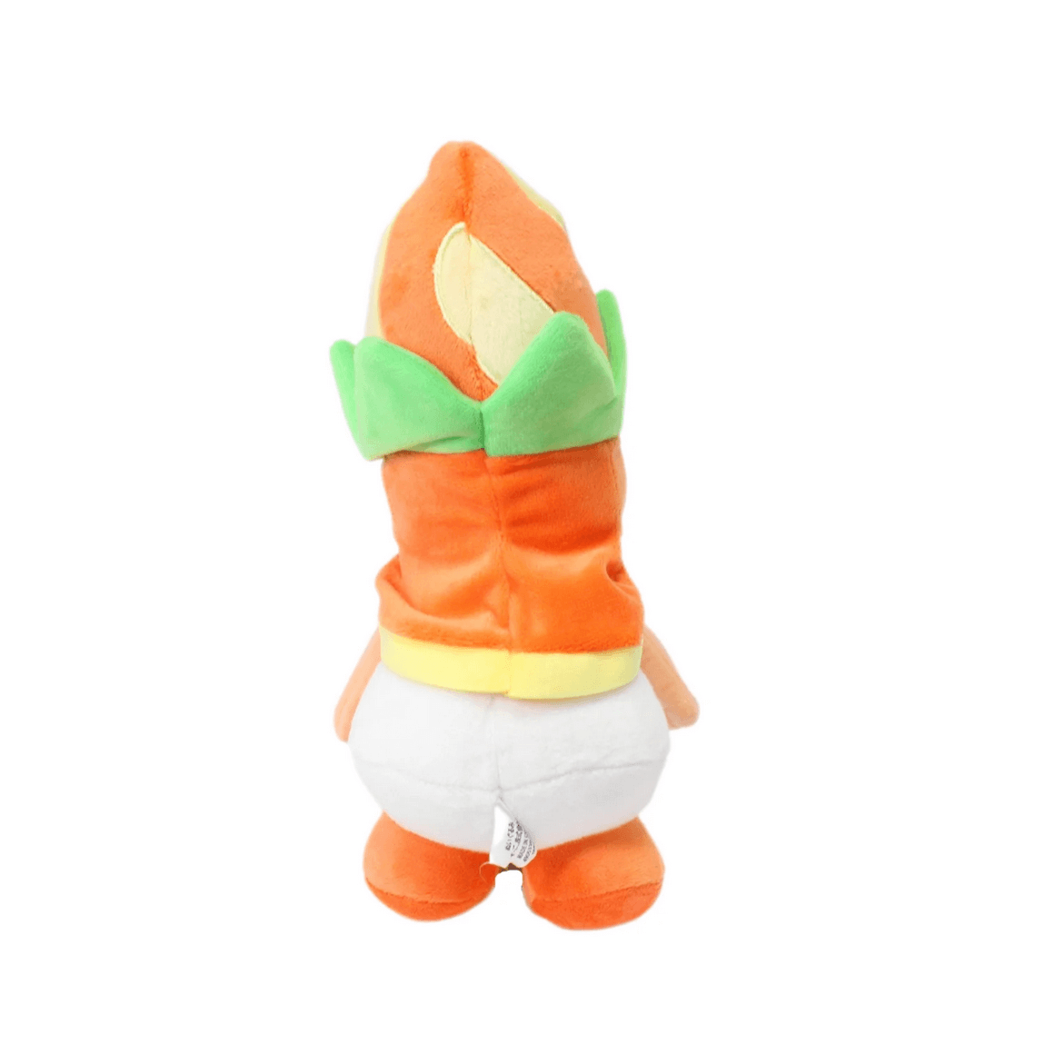 Peluche Poplin orange et blanche en tissu doux, avec des feuilles vertes autour de la tête et des pieds orange