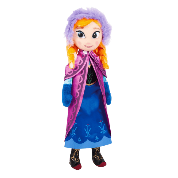 peluche Princesse Anna aux cheveux roux tressés, vêtue d’une cape violette à motifs et d’une robe bleue brodée