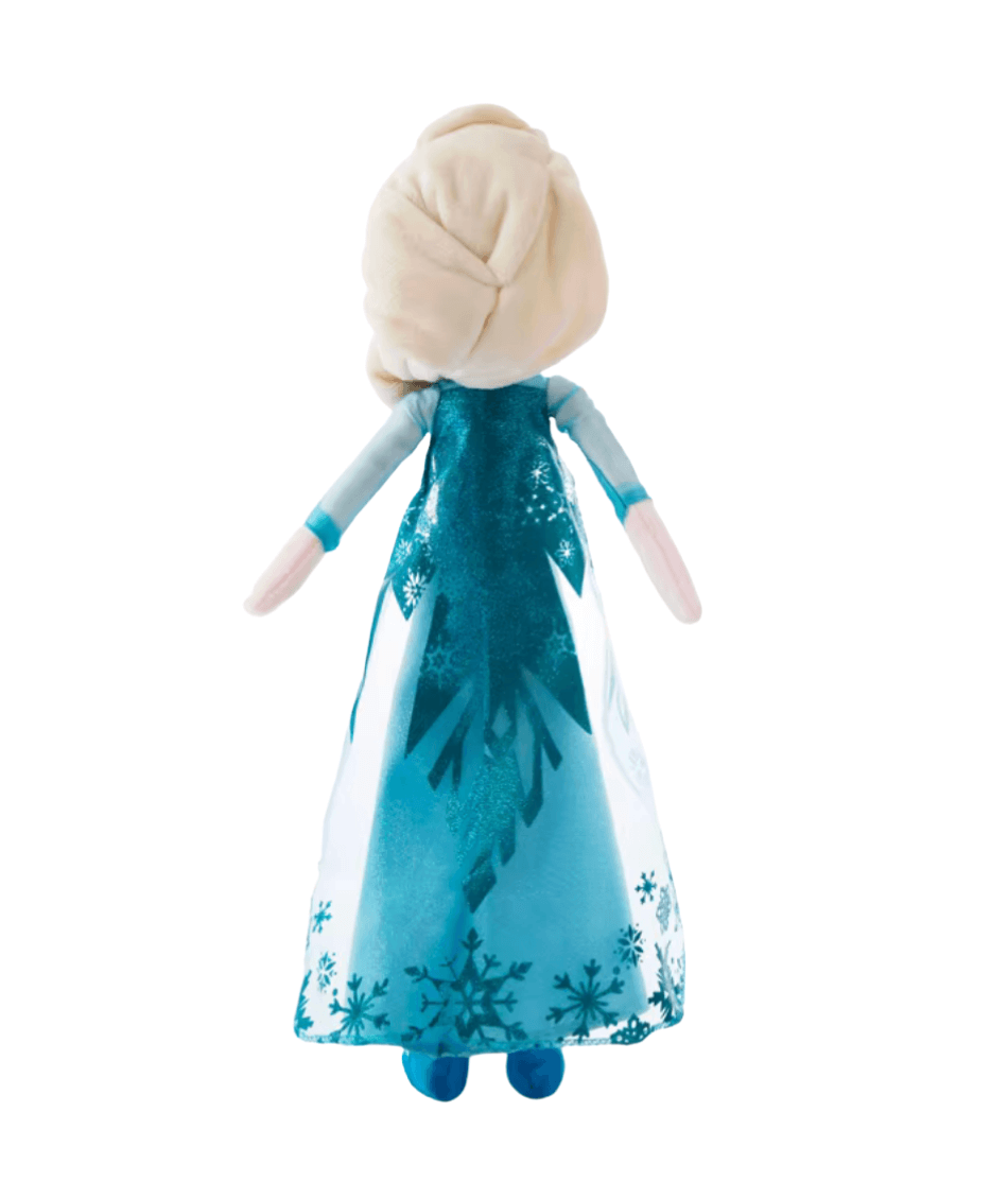 peluche Princesse Elsa aux cheveux blonds tressés, vêtue d’une longue robe bleu turquoise ornée de flocons et de motifs givrés