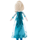 peluche Princesse Elsa aux cheveux blonds tressés, vêtue d’une longue robe bleu turquoise ornée de flocons et de motifs givrés