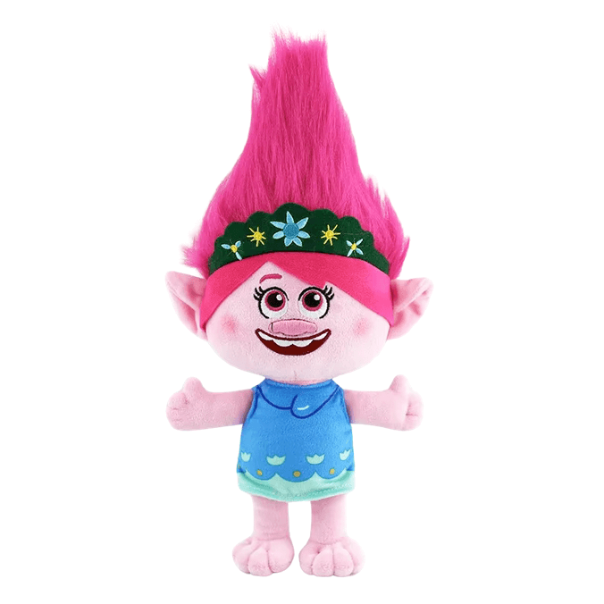 Peluche Princesse Poppy rose aux cheveux fuchsia dressée en pointe, avec un bandeau fleuri et une robe bleue.