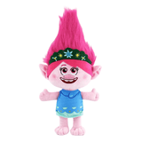 Peluche Princesse Poppy rose aux cheveux fuchsia dressée en pointe, avec un bandeau fleuri et une robe bleue.
