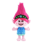 Peluche Princesse Poppy rose aux cheveux fuchsia dressée en pointe, avec un bandeau fleuri et une robe bleue.