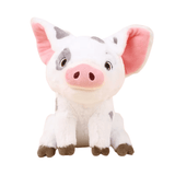 peluche Pua blanche en tissu doux, avec des taches grises, de grandes oreilles roses et un museau rose