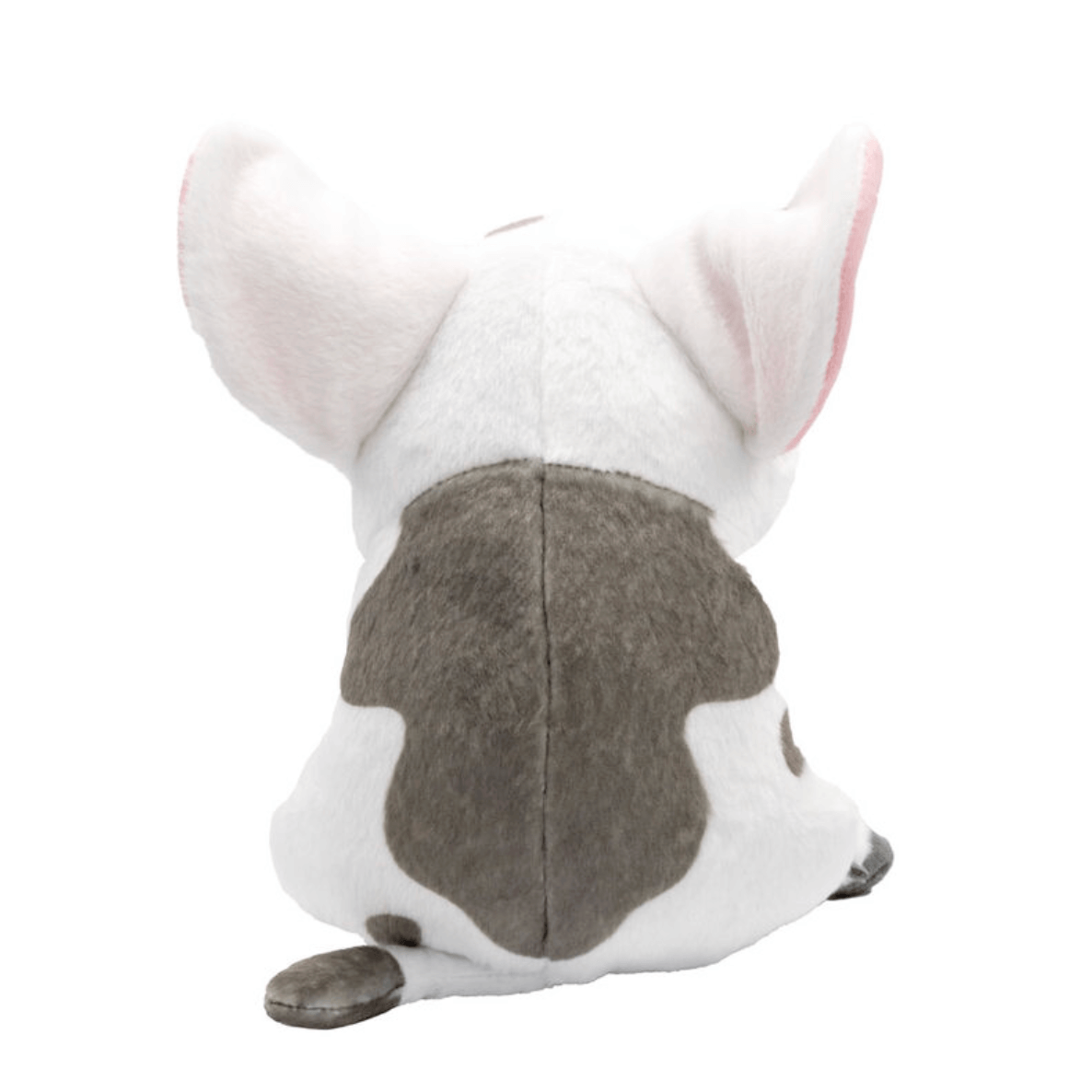 peluche Pua vue de dos, en peluche blanche et grise avec de grandes oreilles roses et des taches contrastées