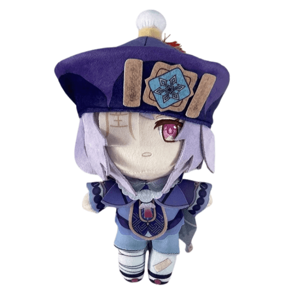 Peluche Qiqi violette et bleue en tissu, avec cheveux lilas, œil rose et chapeau orné d’un emblème