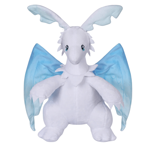 Peluche Quivern blanche en tissu doux, avec de grandes ailes et des membranes bleu clair, aux yeux brodés.