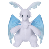 Peluche Quivern blanche en tissu doux, avec de grandes ailes et des membranes bleu clair, aux yeux brodés.