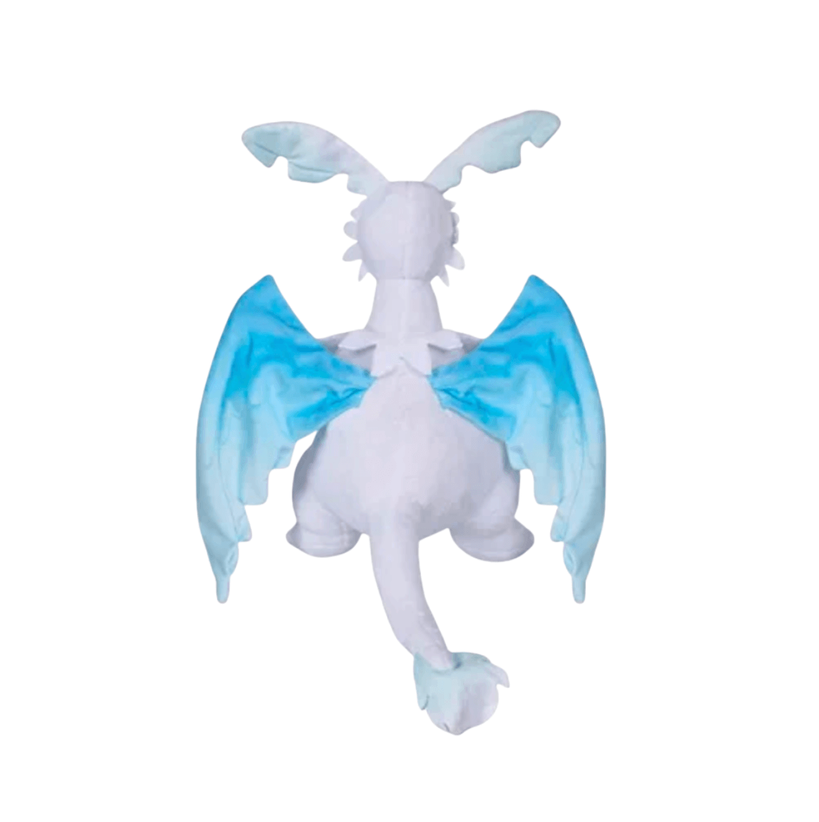 Peluche Quivern au corps blanc, avec de grandes ailes bleu turquoise et une longue queue terminée par une touffe.