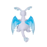 Peluche Quivern au corps blanc, avec de grandes ailes bleu turquoise et une longue queue terminée par une touffe.