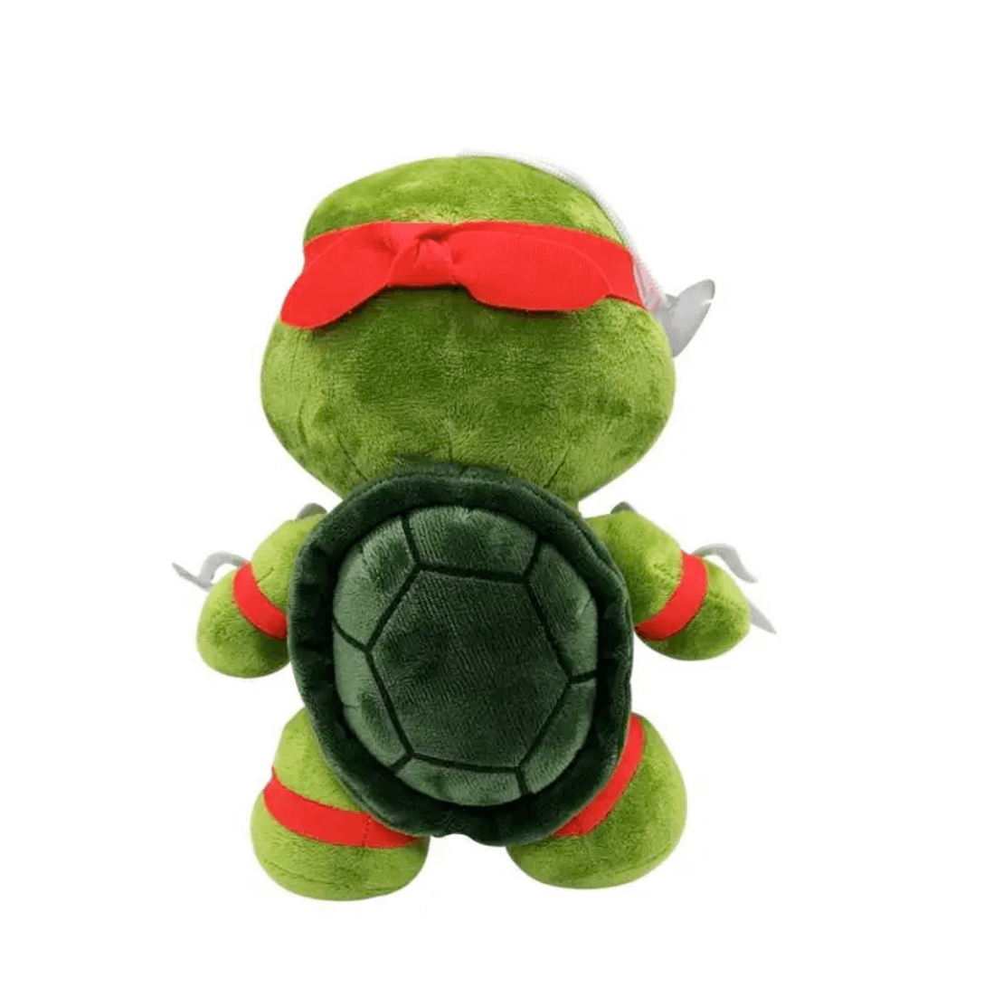 peluche Raphael verte en tissu doux, avec un bandeau rouge et une carapace brodée vert foncé au dos