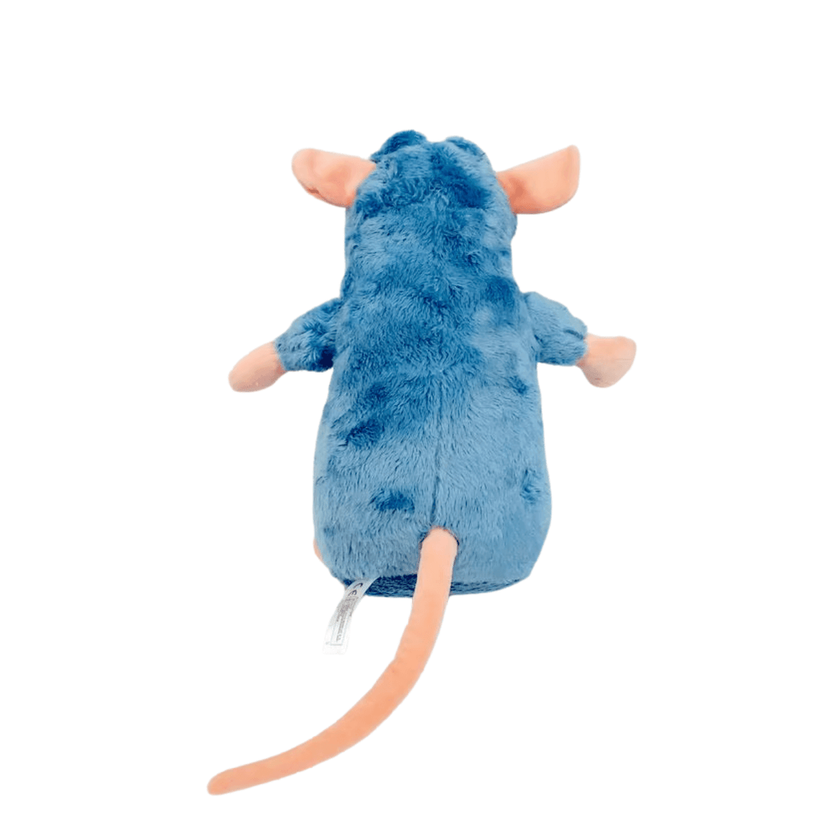 peluche Rémy bleue en peluche douce, vue de dos, avec de grandes oreilles et une longue queue rose