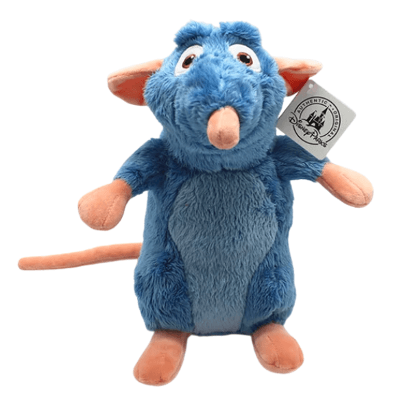 Peluche Rémy bleu en tissu doux, avec ventre gris, museau et pattes roses, grandes oreilles et longue queue.