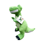 Peluche Rex en forme de dinosaure vert, au ventre clair, aux griffes noires et au large sourire denté.